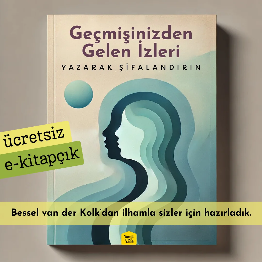 Travma Odaklı Yazma Etkinliği kitapçığının iç içe geçmiş insan silüetinden oluşan illüstrasyonu, başlık ve alt başlık içeren kapağı.