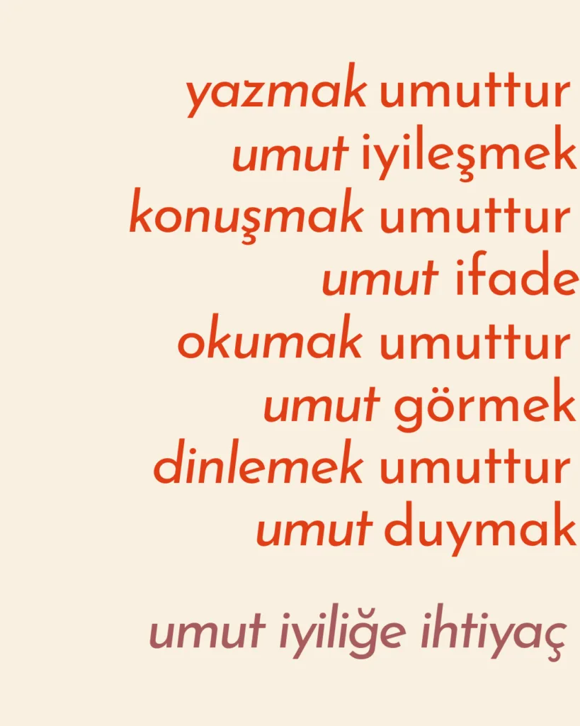 umut nedir şiiri: yazmak umuttur, umut iyileşmek, konuşmak umuttur, umut ifade, okumak umuttur, umut görmek, dinlemek umuttur, umut duymak, umut iyiliğe ihtiyaç.