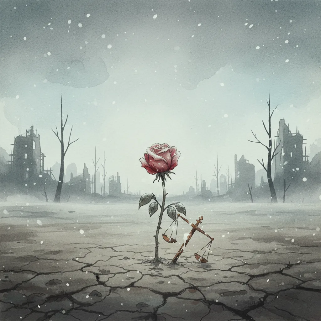 Kül 1 Yıkılmış bir şehirde, çatlamış toprakların ortasında filizlenen kırmızı bir gül ve devrilmiş adalet terazisi; KÜL şiirinin umut ve vicdan temalarını yansıtıyor.